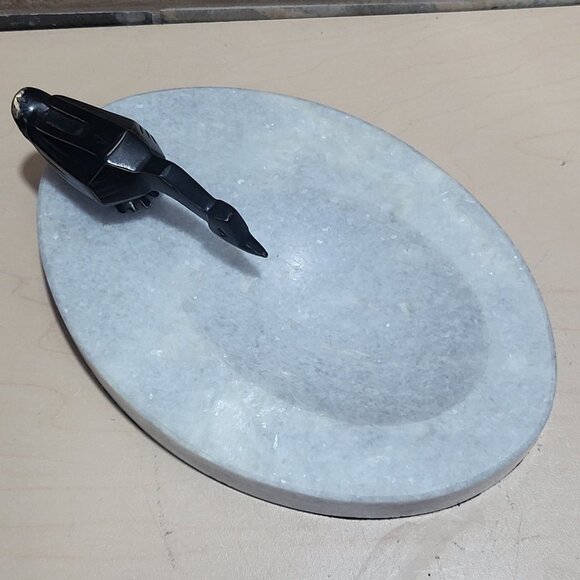 Decorative Marble Soap Dish Jewelry Holder Black Metal Bird Figure - Picture 5 of 12